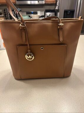 Michael Kors Cognac Saffiano Leather Tote with Gold MK Charm
